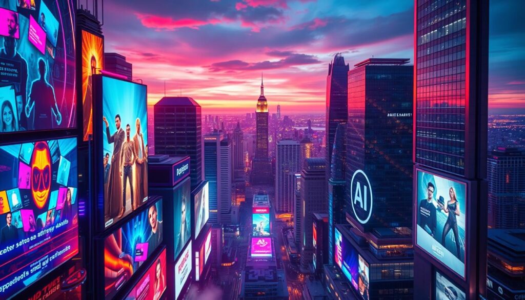 A vision of the future of advertising, illuminated by the glow of a futuristic cityscape. In the foreground, a kaleidoscope of digital billboards and holograms showcase ever-evolving AI-generated ads, their dynamic visuals and personalized messaging captivating passersby. In the middle ground, towering skyscrapers with sleek, metallic facades reflect the vivid neon lights, creating an immersive, high-tech atmosphere. The background is a panoramic view of a sprawling metropolis, with skies tinted in shades of azure and violet, hinting at the advanced, AI-infused technologies that power this revolutionary advertising landscape.