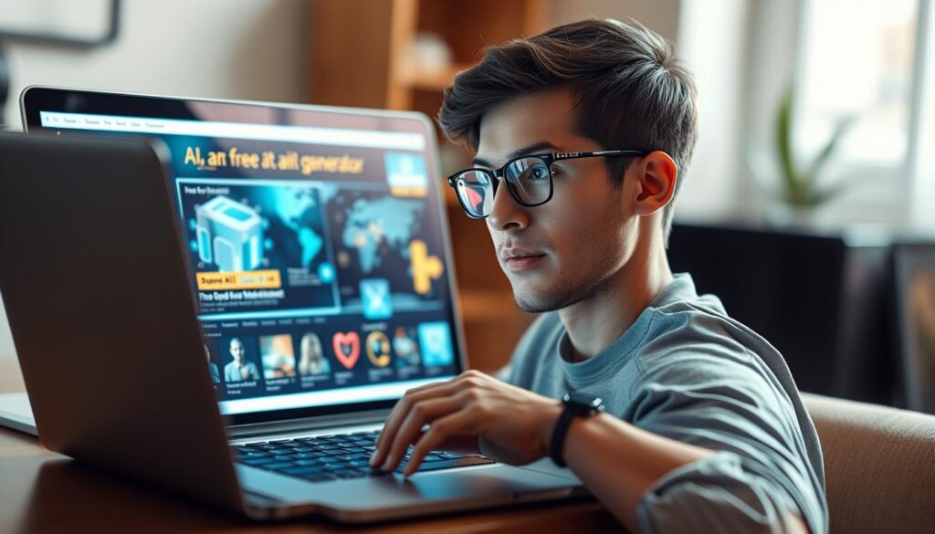Generate an image of a person using a free AI ad generator on a laptop.
